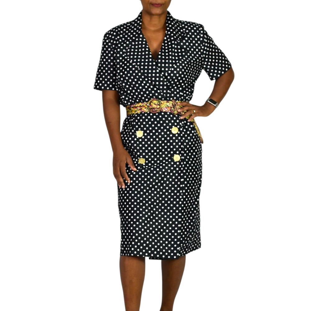 Vintage SG Gilbert Polka Dot Dress Black Notch Collar Shirtdress Double Breast 8
